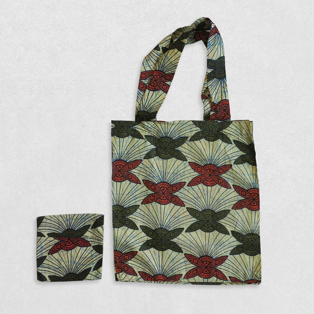 African Wax Print Shopping Bag - Green/Orange Pattern