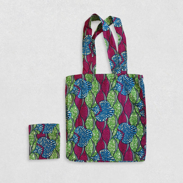 African Wax Print Shopping Bag - Green/Blue/Magenta Pattern