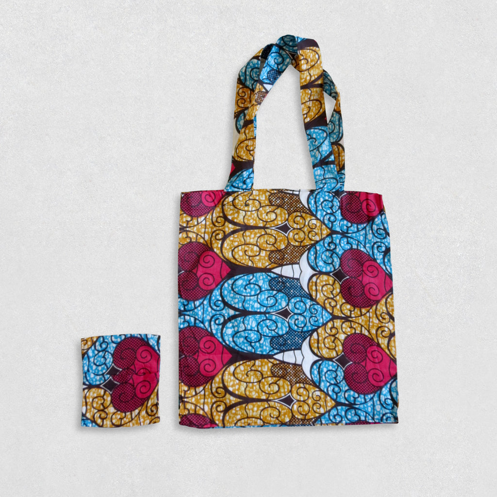 African Wax Print Shopping Bag - Cyan/Gold/Magenta Pattern
